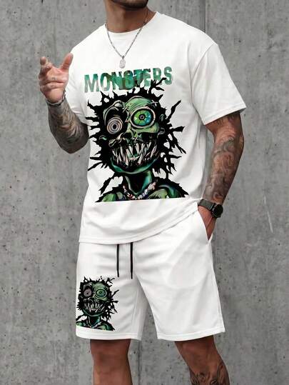  FRACTYR Men's 2-Piece Set, Summer Casual Streetwear Monster Letter Print Graphic Tee And Solid Color Drawstring Shorts, Loose Fit Crew Neck Short Sleeve T-Shirt And Shorts, American Summer Sports Dark Style Vintage, Soft And Comfortable