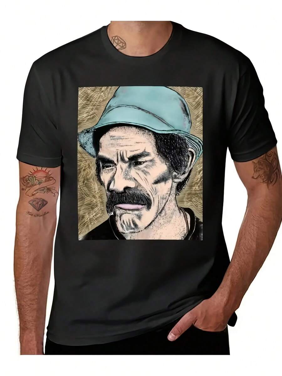 Camiseta Retro Tangram para Hombre - Presenta estampados de personajesónicos, un corte holgado vintage, cuello redondo, mangas cortas y adecuada para uso adulto. una prenda temática lavable aáquina, para uso diario y como mercancía de Tangram. Disponible en tallas grandes. - Negro - Ver 1