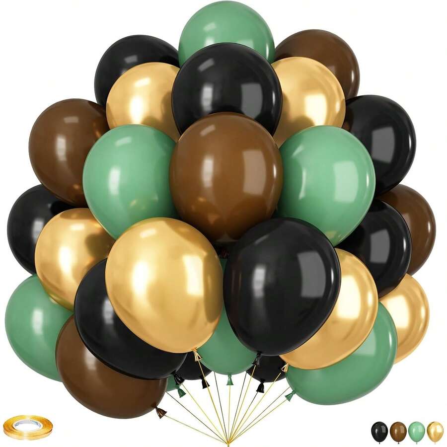 56 piezas/Globos negros, verdes y marrones, Globos negros, verdes, marrones y dorados de 10 pulgadas, Globos metálicos dorados para fiesta de cumpleaños con tema de camuflaje, camping, selva y decoraciones de fiesta - Colocar - Ver 1