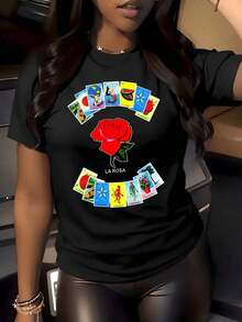1 Piece Women's Vintage Style T-Shirt With Lottery Rose Graphic Print, 220g, Crew Neck, 100% Cotton, Urban Style - 黑色 - 查看 1