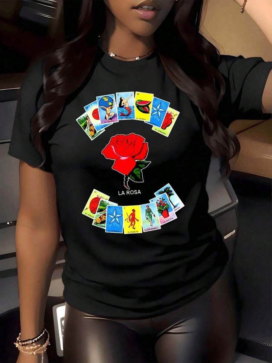 1 Piece Women's Vintage Style T-Shirt With Lottery Rose Graphic Print, 220g, Crew Neck, 100% Cotton, Urban Style - 黑色 - 查看 1