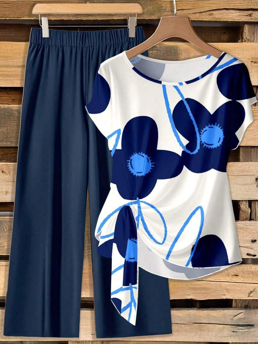 Clasi Conjunto de 2 piezas de blusa con moño elegante y minimalista en color rosa, combinada con pantalones de pierna ancha con estampado floral, adecuado para el verano - Multicolor 4 - Ver 1