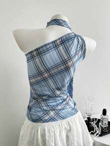 Blusa de mujer casual de vacaciones de gasa con cuello halter, tirantes con lazo y hombro asimétrico sin mangas en estampado de cuadros azules - Azul - Ver 2
