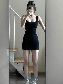 Vestido Entallado Sin Mangas De Cuello Cuadrado Y Color Sólido - Negro - Ver 5