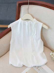 Blusa blanca elegante sin mangas, de cintura elástica y cuello suelto con cordón, de tejido texturizado, para mujer, para primavera/verano.Blusas y tops para mujer de cuello cerrado, blusas casuales y modernas para el verano - Blanco - Ver 4