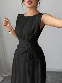 Vestido maxi casual, romántico, vintage y elegante de gasa para mujer con cordón en la cintura, para la playa, el té de la tarde, fiestas de noche, uso diario, sin mangas, de unicolor, vestido largo, primavera/verano - Negro - Ver 3