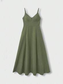 Vestido midi elegante de mujer con cuello en V, vestido de tirantes de mezcla de lino con corte evasé y espalda descubierta, adecuado para vacaciones, playa, boda, fiesta de cóctel - Verde militar - Ver 5