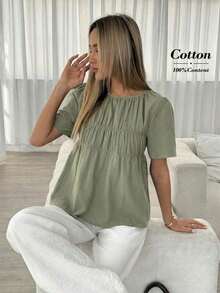 Camisa casual de mujer de unicolor, cuello redondo, manga corta y plisada - Verde - Ver 7