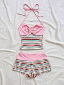 2 piezas Conjunto de camiseta de tirantes y pantalones cortos de punto a rayas con hebilla de metal, estilo casual de vacaciones, adecuado para fiesta, San Valentín, cita, discoteca, bohemio, vacaciones, otoño, ropa de mujer, vintage, días fest - Multicolor 4 - Ver 7