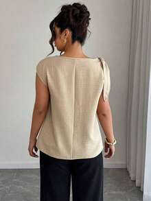 Camisa sin mangas de lino y algodón en beige con lazos en los hombros: informal para vacaciones, elegante para usar en la calle, adecuada para la oficina - Blusa talla grande para primavera y verano - Caqui - Ver 2