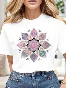 Women's Casual T-Shirt With Floral Mandala Print, Soft And Comfortable, Gift For Mother's Day, Birthday, Holidays - 白色 - 查看 1