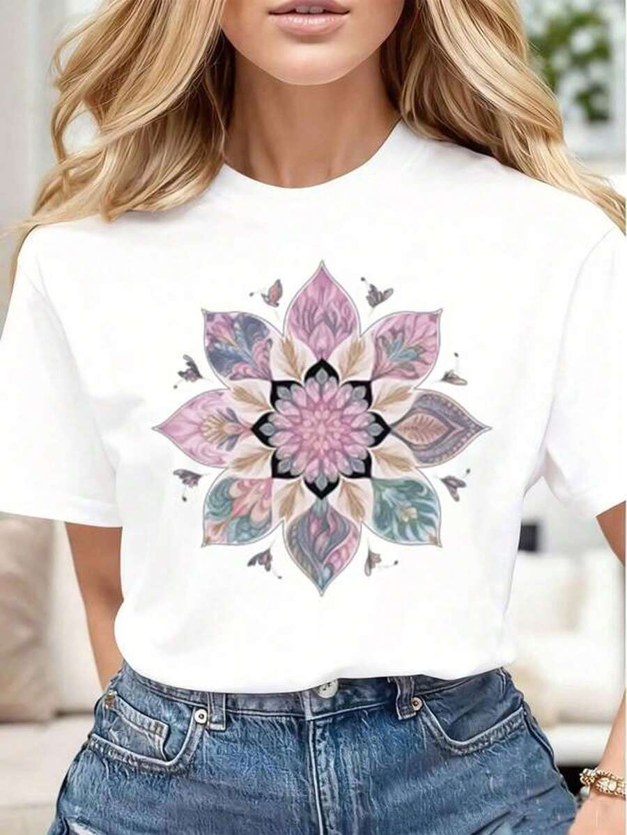 Women's Casual T-Shirt With Floral Mandala Print, Soft And Comfortable, Gift For Mother's Day, Birthday, Holidays - 白色 - 查看 1