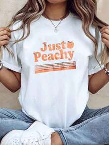 Just Peachy Women's Vintage Graphic T-Shirt, Casual Summer Top, Retro Peach Print T-Shirt, Fashionable Garment For Daily Wear And Festival Season, Suitable For Spring, Summer And Autumn. - 白色 - 查看 2