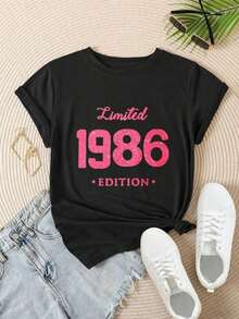 Camiseta Casual Estampada de Moda para Mujer, Edición Limitada 1986, Adecuada para Todas las Temporadas  
 -Blanco - Negro - Ver 2