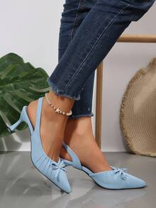 1 đôi sandal cao gót mũi nhọn màu xanh nhạt xếp ly có nơ dành cho thanh thiếu niên - Màu xanh nhạt - Xem 4
