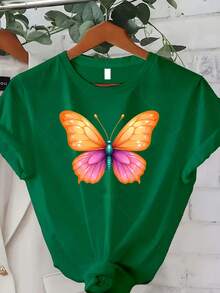 Women's Plus Size Classic T-Shirt With Butterfly Print - Casual Short Sleeve Crew Neck Top, Breathable For Spring And Autumn, Ideal For Spring And Summer Outfits, Perfect Gift For Thanksgiving, Christmas And New Year (Comfortable T-Shirt For Everyday Wear) Best Seller - 綠色 - 查看 7