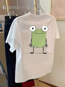 Camisetas de talla grande para mujer, de manga corta, estilo casual, con estampado de rana en la parte delantera y trasera - Camiseta de moda con estampado de rana de dibujos animados - Camiseta estampada de primavera y verano para mujer, artículo de moda, transpirable y cómoda. - Blanco - Ver 3