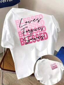 Camiseta de manga corta de talla grande para mujer - Corte holgado, estilo casual básico, elegante top de poliéster, camiseta de manga corta con estampado frontal y trasero - Estampado de moda "Love And Forgiveness" - Camiseta estampada de primavera/verano para mujer, artículo de moda, transpirable y cómoda. - Blanco - Ver 11