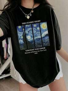 Limited Edition Women's Fashion Printed T-Shirt With A Famous Painting Design, Casual Women's Crew Neck Short Sleeve Everyday Wear, Eye-Catching, Modern, Loose Fit. New Loose And Versatile Top. Lightweight Cotton - 黑色 - 查看 12