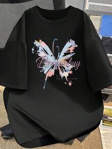 Camiseta manga corta cuello redondo 100% algodón, estampado trendy, tejido ligero y ventilado, estilo moda casual, apta para vida diaria, salidas informales y citas en primavera, verano y otoño - Negro - Ver 1