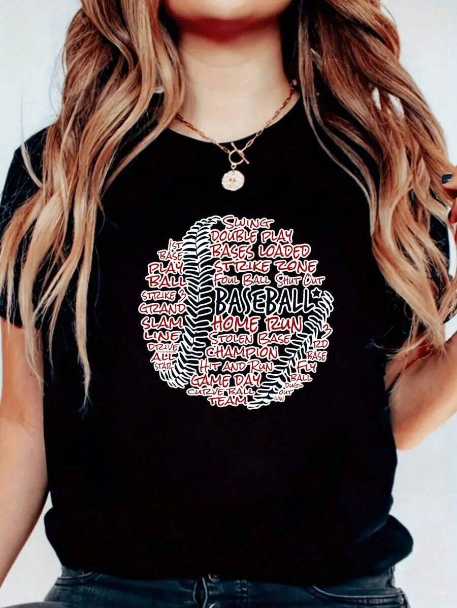 Camiseta de Manga Cclothesta para Mujer con Diseño de Béisbol Estilo Casual para Juego de Equipo y Día de Partido Camiseta Blanca con Grafico de Pelota de Béisbol y Palabras Relacionadas con el Depclotheste Ideal para Fans de Béisbol y Actividades al clothese Libre - Negro - Ver 1