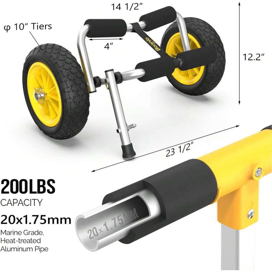 Foldable Kayak Cart, Lightweight Aluminum Alloy Frame, Universal Dolly Cart With 10'' Durable Solid Tires For Canoes, Paddle Boards, Boats, Strong 1.75" Thick Prongs - Grey - View 1