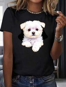 1 pieza de camiseta con estampado de cachorro para mujer, top casual de verano, camisa blanca de algodón con adorable diseño de mascota, Feliz Día de San Valentín, 220g, 100% algodón.ropa de calor mujer - Negro - Ver 7