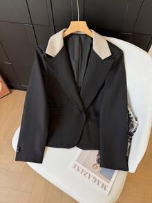 Áo blazer nữ GMFP mùa xuân hè thanh lịch, tay dài, màu trơn, cài cúc phía trước, màu đen, thích hợp cho công sở/học sinh, dịp Ngày của Mẹ. - màu đen - Xem 10