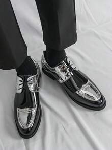 Men's Formal Shoes, Color Block Lace-Up Leather Shoes, British Style Patent Leather Patchwork, Non-Slip Thick Sole, Suitable For Saturday Banquet, Wedding, Groom Wedding Ceremony - Multicolor - View 7