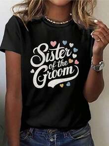 1 pieza de camiseta casual de manga corta con cuello redondo para la hermana del novio, perfecta para primavera y verano, ropa de mujer. 100% algodón. - Negro - Ver 7
