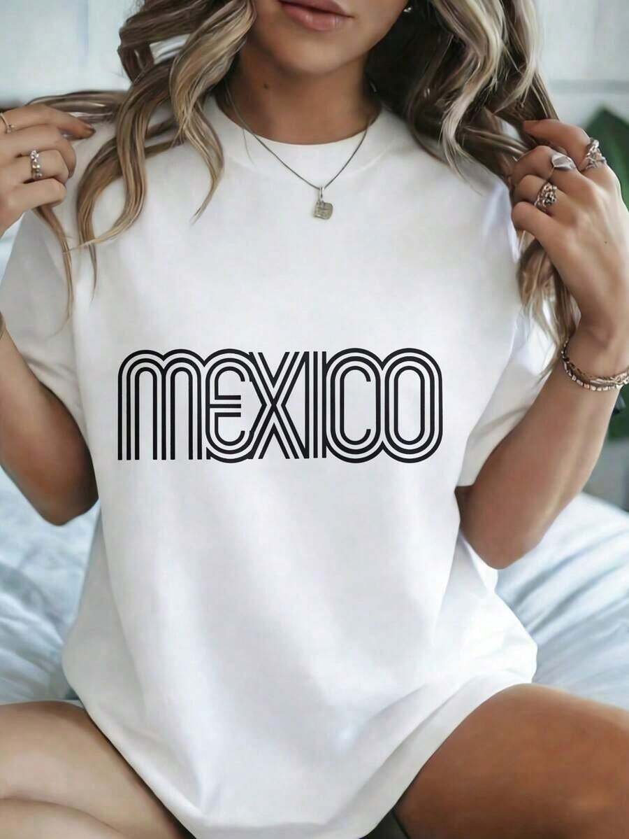 Women's Modern, Casual T-Shirt, Perfect For Parties And Lounging At Home, 100% Cotton, Loose Fit. 1 Pc. Women's T-Shirt With Multi-Line "MEXICO" Letter Print, Minimalist American Retro Style, Short-Sleeved T-Shirt, 100% Cotton. - 白色的 - 查看 1