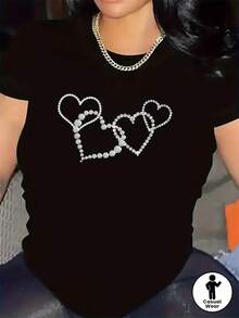 Premium Polyester T-Shirt With A Restaurant-Style Rhinestone Heart Design. Made From Lightweight, Durable Fabric, It Offers A Comfortable Fit, Perfect For Casual Dining And Everyday Wear. This Fashionable Garment Creates A Charming And Effortlessly Stylish Look For Women. New Arrival. - 黑色 - 查看 1