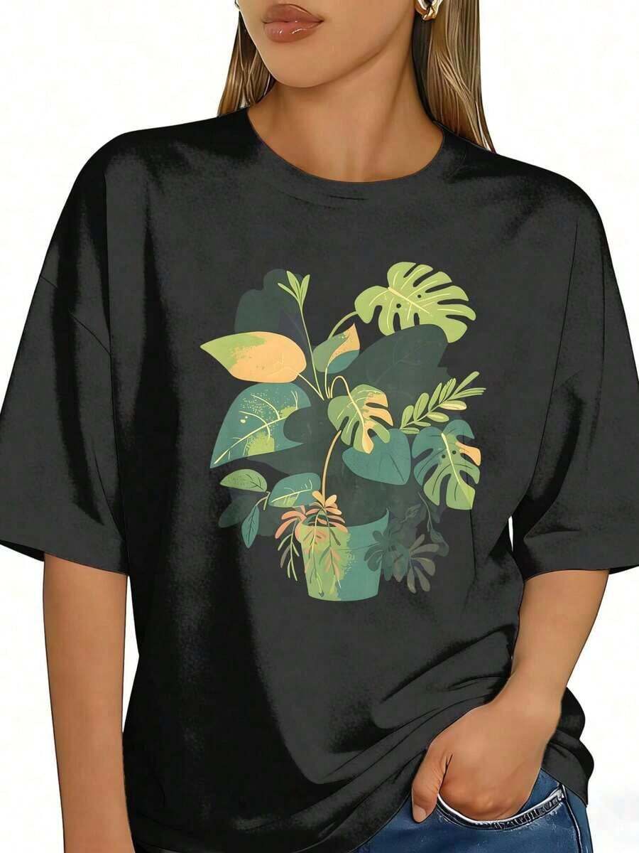 ropa de mujer Camiseta con estampado gráfico de diseño de plantas tropicales artísticas para decoración del hogar, top casual de manga corta y cuello redondo para verano y primavera, ropa de mujer camisas de mujer - Negro - Ver 1