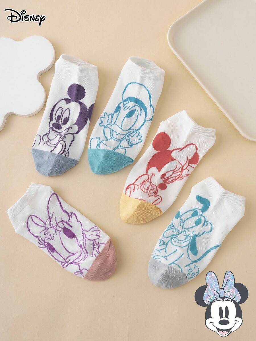 Disney 5双装迪士尼系列袜子，米奇、米妮、唐老鸭、黛丝图案，可爱卡通设计，女士短袜，四季皆宜，欧美尺码，舒适透气，经久耐穿，适合日常穿着，优质面料，不闷热。 - 彩色 - 查看 1