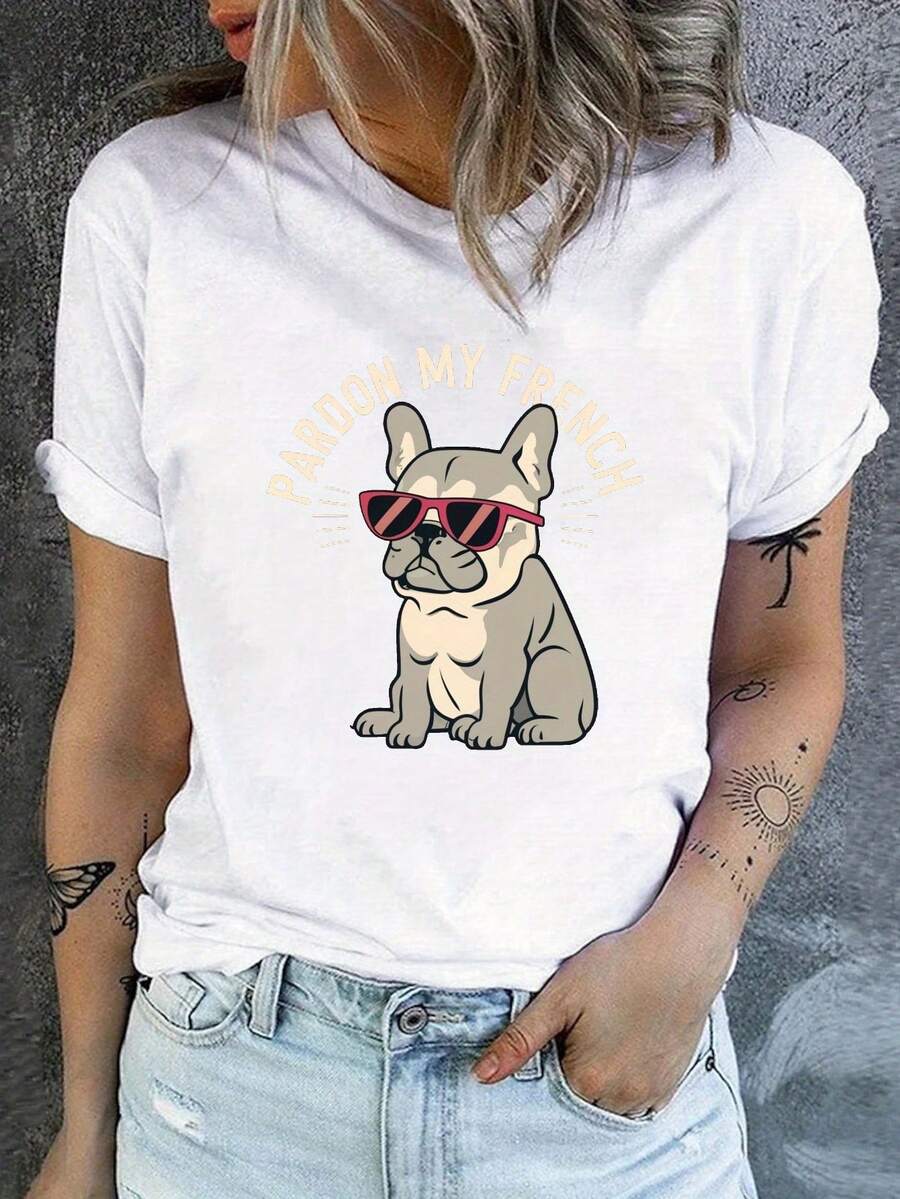 French Bulldog Print Crew Neck T-Shirt, Casual Short Sleeve T-Shirt For Spring And Summer, Women's Clothing - 白色 - 查看 1