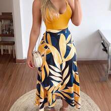 Holidaya Women Tropical Plant Printed Cross Wrap Cami Sleeveless Dress With Spaghetti Straps Maxi Women Outfit - Verde militar - Ver 7