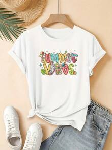 Women's T-Shirt With A Vibrant Summer Ice Cream Letter Print, A  And Cute Design, Suitable For Young Ladies. It Features Short Sleeves, A Round Neck, And A Pullover Style. Machine Washable, It's A Perfect Choice For Everyday Casual Wear. Ideal As A Gift, Suitable For Home, Office, And Other Occasions. - 白色 - 查看 1