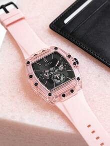 Guess Unisex Tonneau Skeleton Watch Pink Transparent Case Black Multifunctional Dial Silicone Strap Y2K Fashion Timepiece For Couple Matching Outfit Music Festival Night Out Streetwear Ideal Gift For Him Her BFF Birthday Anniversary Holiday - 粉色 - 查看 5