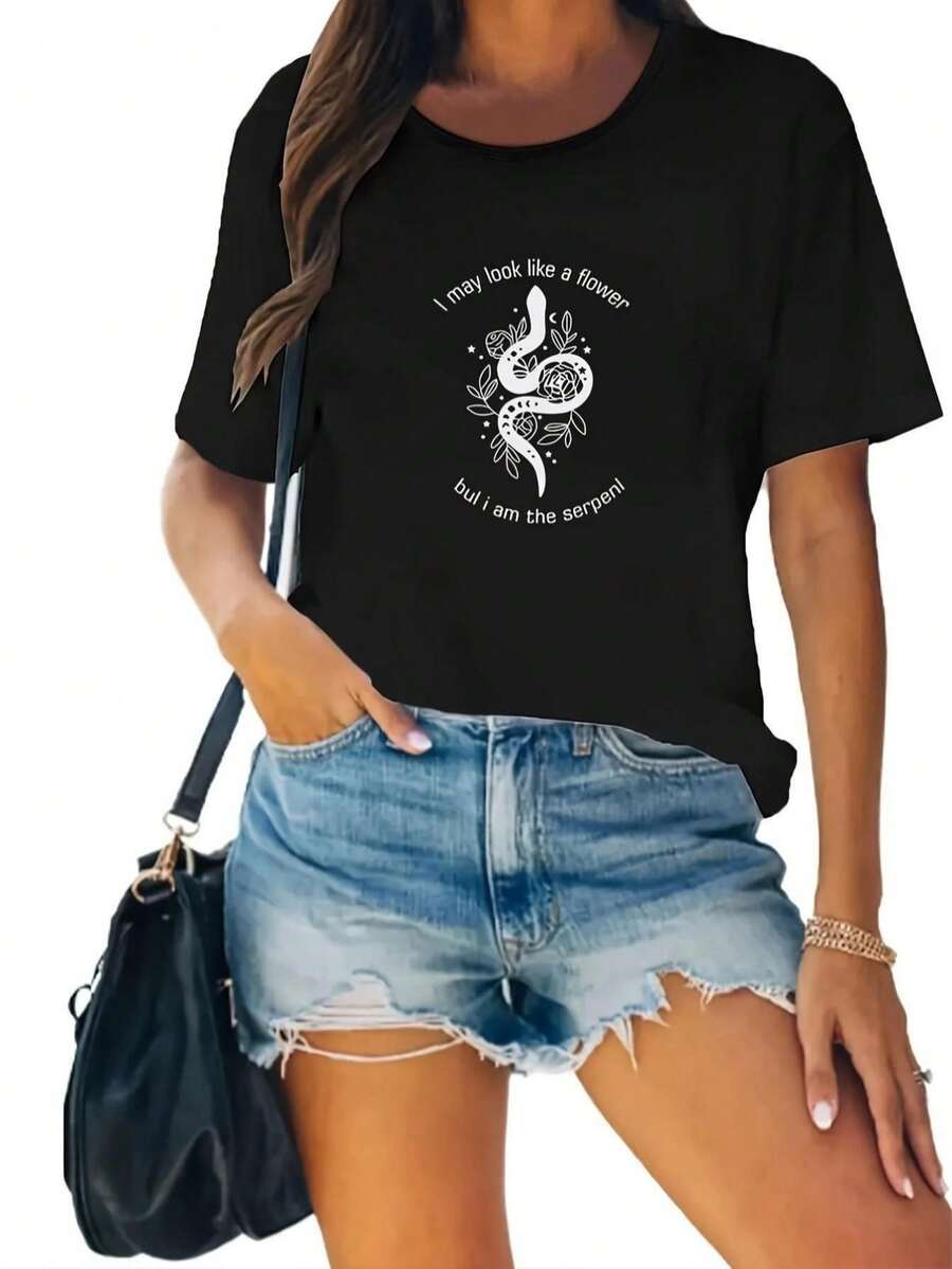 Women's Pure Cotton T-Shirt With A Round Neck And Print, Specially Released For Day Of The Dead And Halloween. Made With High-Quality Materials, It Is Lightweight, Comfortable, And Breathable, With A Basic Design, Simple Style, And Original, Unique Look. Women's T-Shirts. - 黑色 - 查看 1