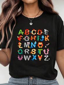 Camiseta de aprendizaje del alfabeto animal ABC, camiseta de regalo para maestros, camiseta para el Día de la Madre, camiseta estampada para mamá, la mejor madre, regalo. - Negro - Ver 1