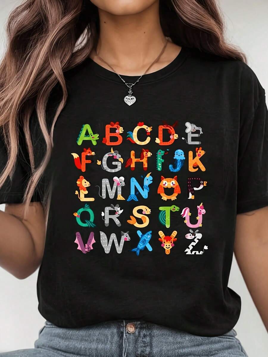 Camiseta de aprendizaje del alfabeto animal ABC, camiseta de regalo para maestros, camiseta para el Día de la Madre, camiseta estampada para mamá, la mejor madre, regalo. - Negro - Ver 1