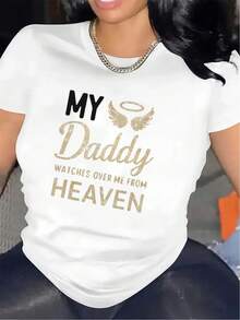 Women's Short-Sleeved T-Shirt, Made Of A Soft And Durable Material, Features An Angel Wing Design With The Phrase 'My Dad Is Watching Over Me From Heaven', Ideal For Home, Church Or Casual Outings, Comfortable And Lightweight, Perfect For Everyday Wear. - 白色 - 查看 8