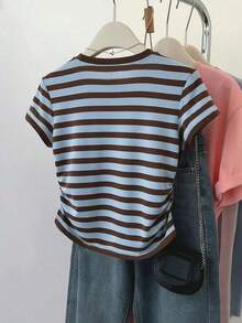 Camiseta gráfica casual a rayas para mujer, con cintura fruncida ajustada, versátil para el verano, de vuelta al colegio, uso diario, fiesta, cita, con un diseño que capta mucha atención - Multicolor 9 - Ver 2