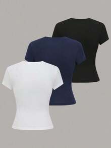 1 pieza Camiseta de manga corta informal de unicolor para mujer - Multicolor 16 - Ver 2