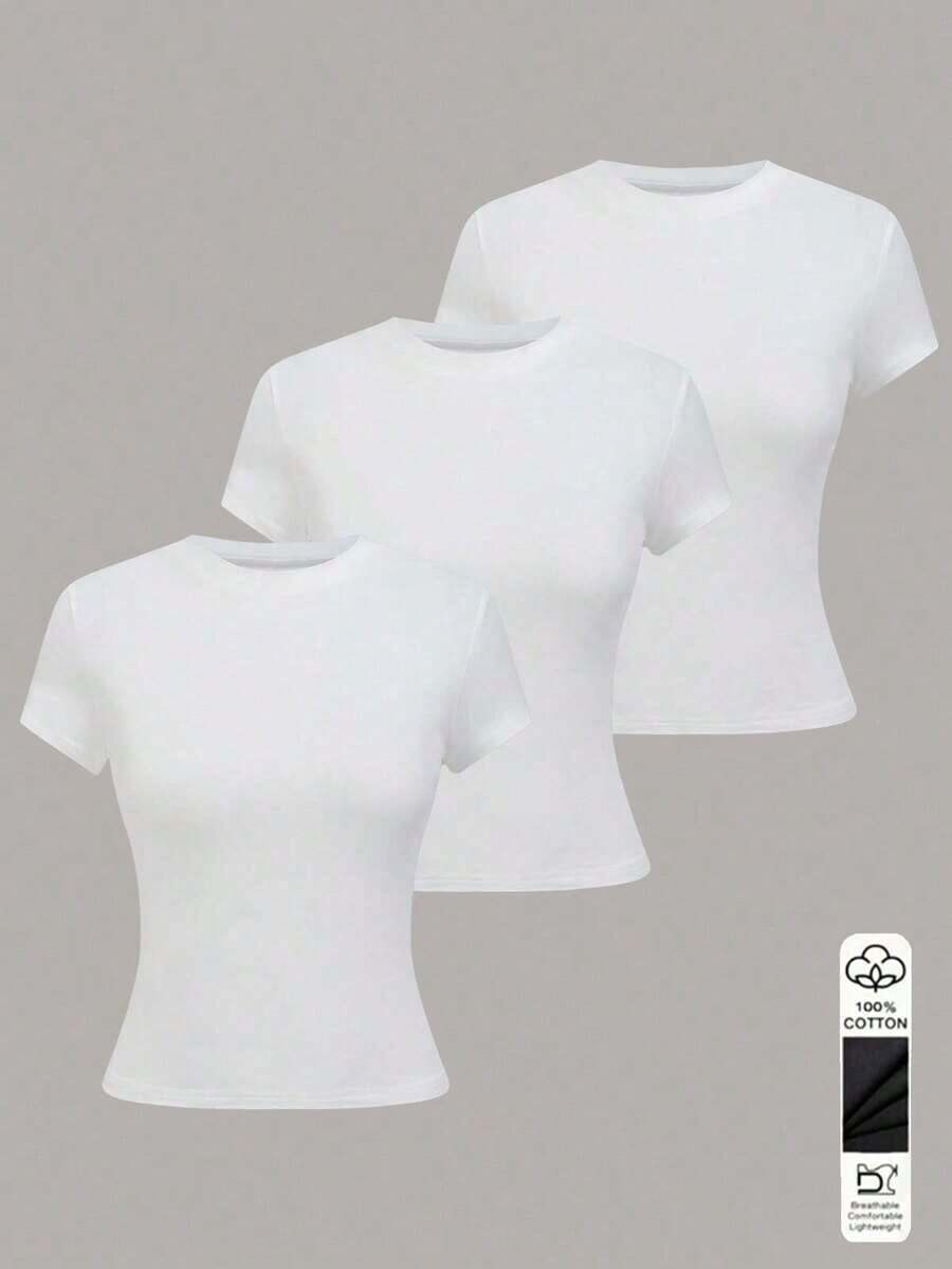 1 pieza Camiseta de manga corta informal de unicolor para mujer - Multicolor 18 - Ver 1