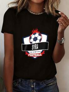 Camiseta de moda femenina 2026 en negro con cuello redondo y mangas cortas, diseñada con un motivo estampado de balón de fútbol junto con llamas y estrellas.Un regalo perfecto para mujeres en Halloween y Navidad 2024 - Negro - Ver 1