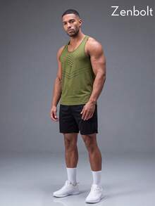 ZULIZ Zenbolt Men's Racerback Sleeveless Tank Top, Featuring Geometric Print Pattern, Classic Casual Fit, Versatile Wear For Gym Training, Sports Activities And Everyday Outings - Olive Green - View 4