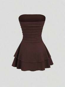 Vestido mini de punto sin tirantes de unicolor minimalista para mujer, vestido de pastel de múltiples capas - Cafetería - Ver 2