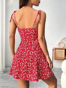 Vestido de tirantes con pliegues en el busto con estampado floral para ropa de Año Nuevo, vestido corto mini para mujeres - Rojo 2 - Ver 2