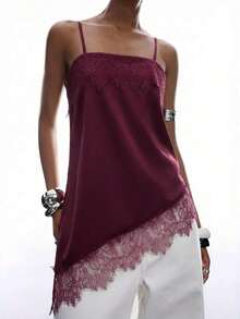 Camiseta de mujer con encaje asimétrico y contraste - Burdeos - Ver 7